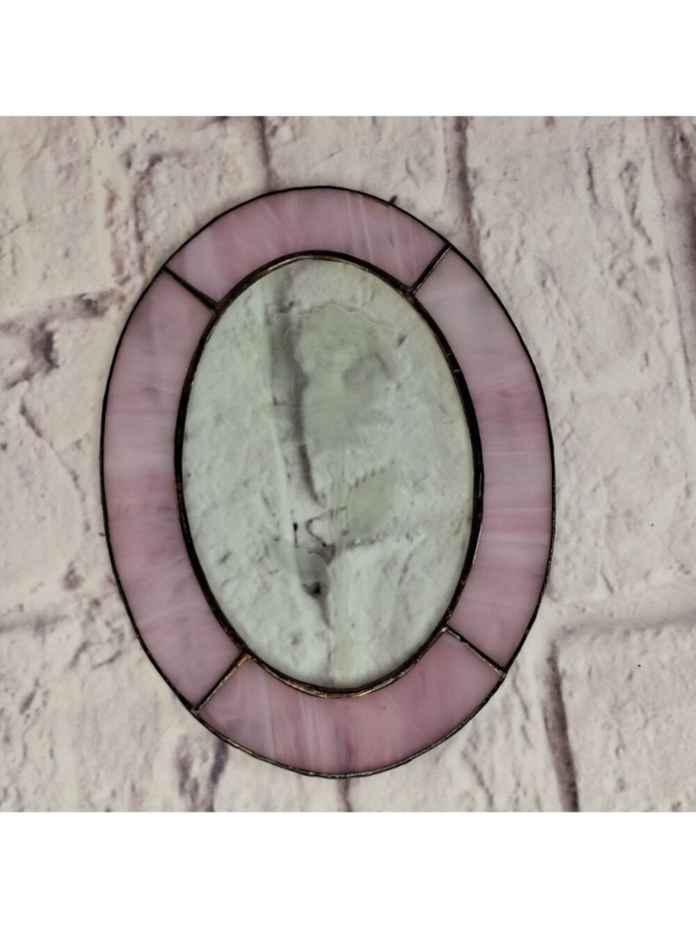 Vintage Stained Glass Sun Catcher Edged Rose Wall Hanger Pink & Clear 8 x 5.5in - Picture 3 of 8